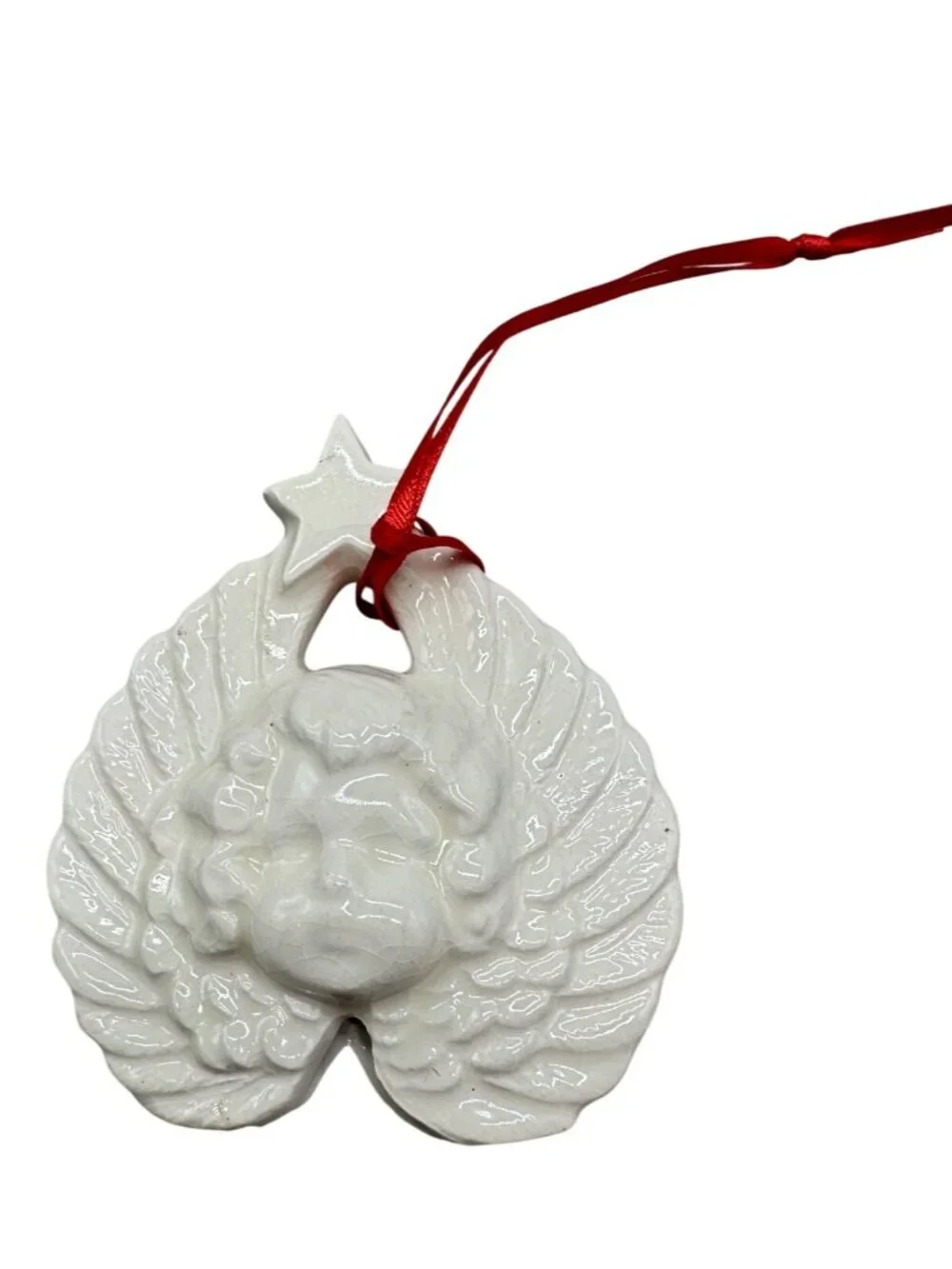 Holiday Ceramic Angel Wing Ornament With Star & Red Ribbon Hanging READ